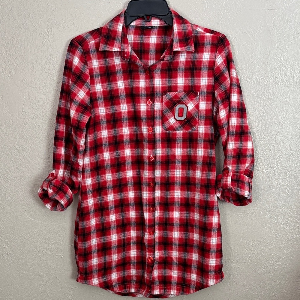 WOMENS RED OHIO STATE BUCKEYES FIRESIDE FLANNEL PLAID LOUNGEWEAR SLEEP SHIRT